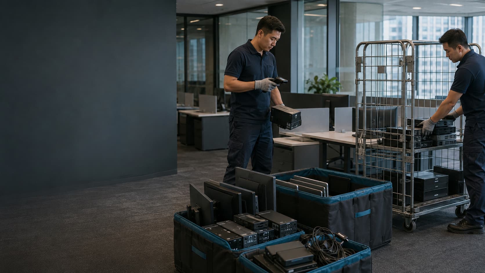 Technicians cataloguing and removing retired office IT equipment during a planned clearance