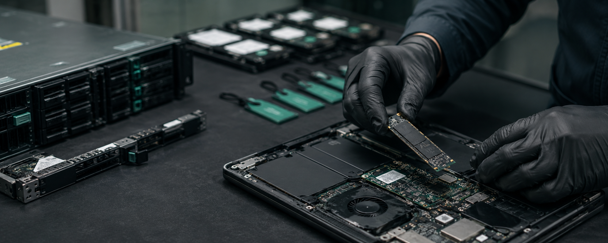 Technician securely removing a storage drive from retired business IT equipment