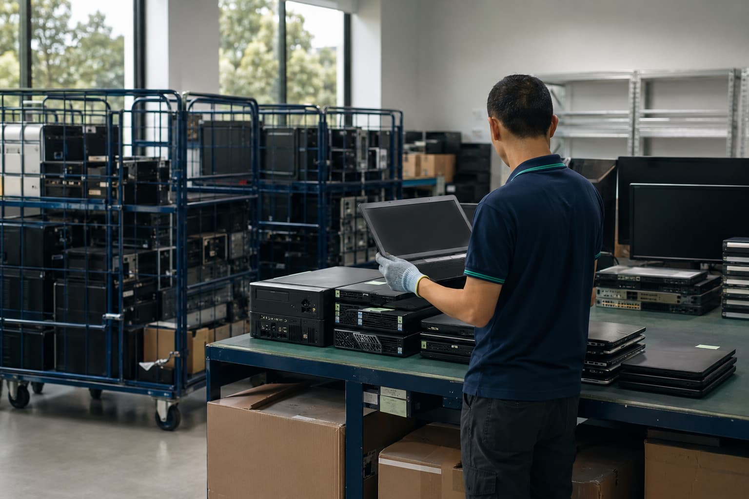 Destruc team member handling retired business IT equipment in the warehouse