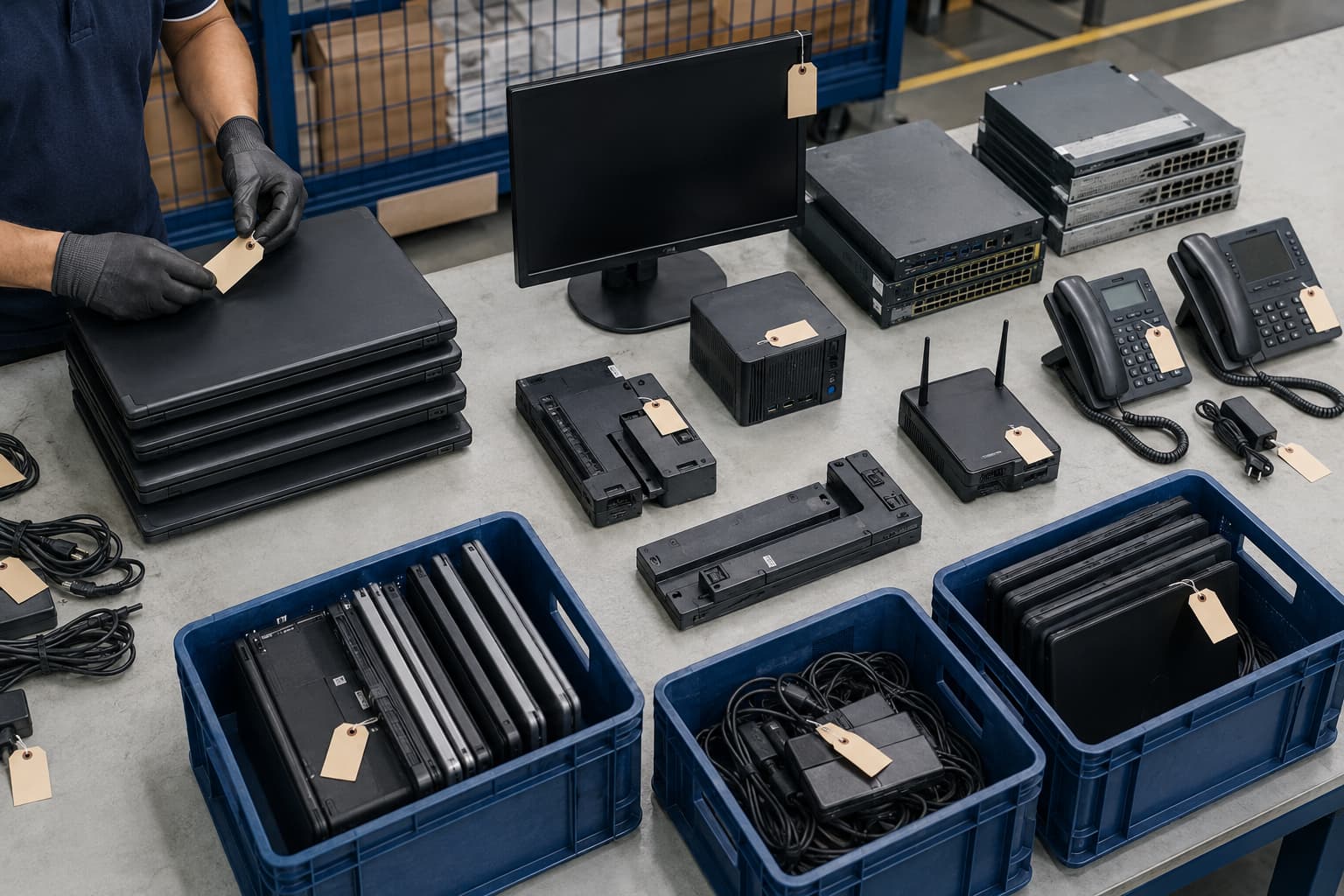 Retired business laptops, monitors, network equipment and office electronics being sorted for e-waste disposal