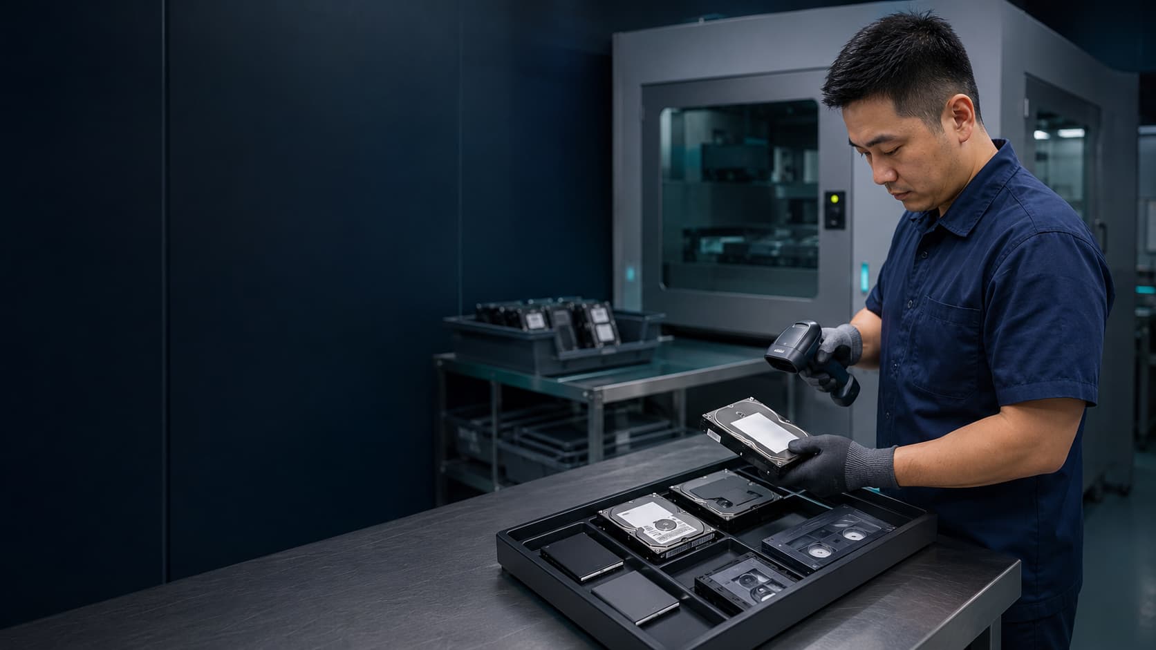 Technician scanning retired hard drives and storage media before secure data destruction